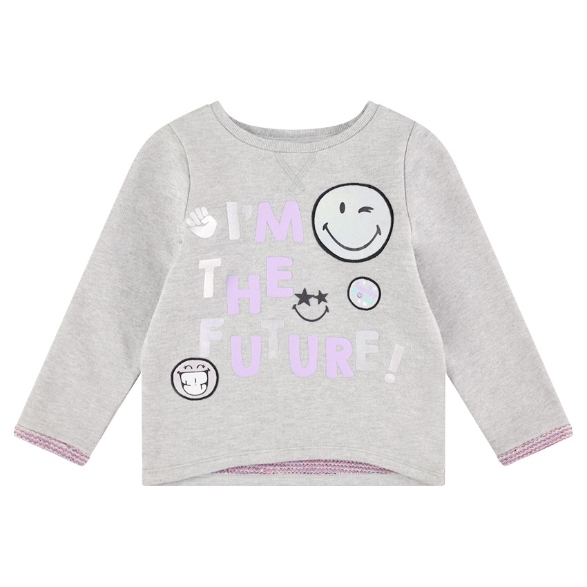 Sweat en molleton gris chiné avec message et prints Smiley 