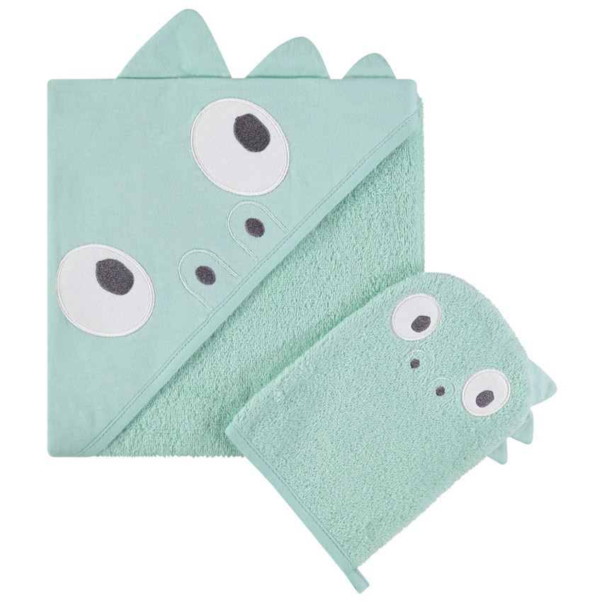 Set de bain avec cape à capuche intégrée et gant motif dinosaure 