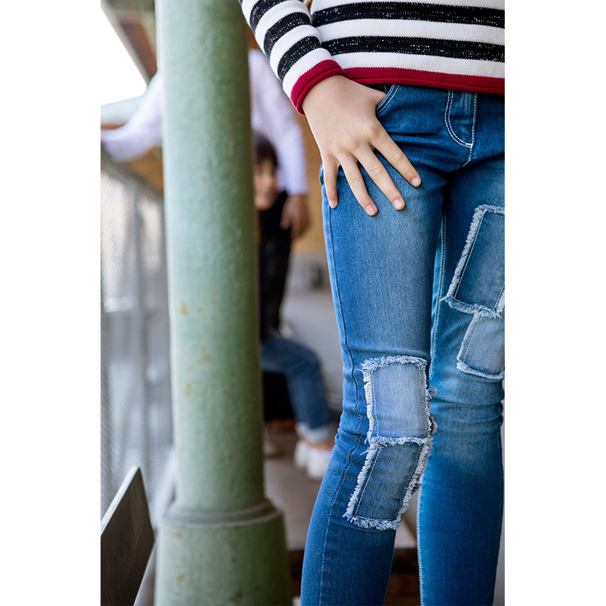 Junior - Jeans slim à patchs et franges effet used 