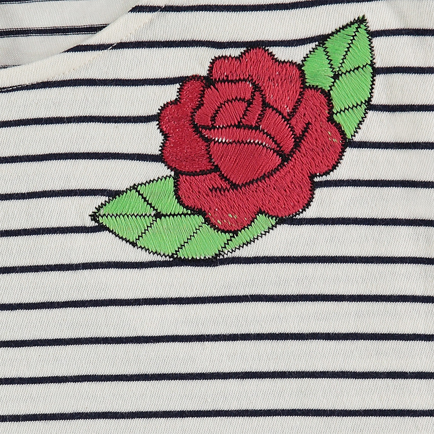 Junior - Tee-shirt manches longues rayé avec rose brodée 