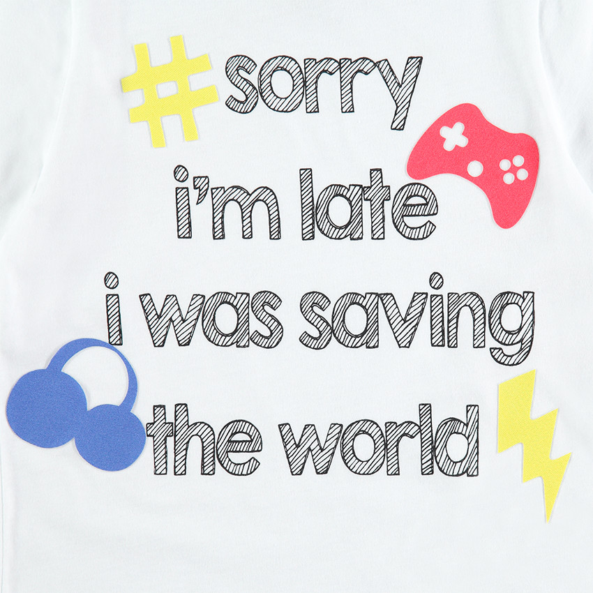 Tee-shirt manches longues en jersey avec message printé et adhésifs fantaisie 