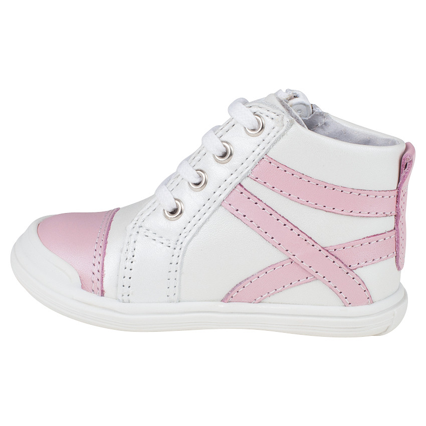 Bottillons en cuir coloris blanc et rose avec zip et lacets 