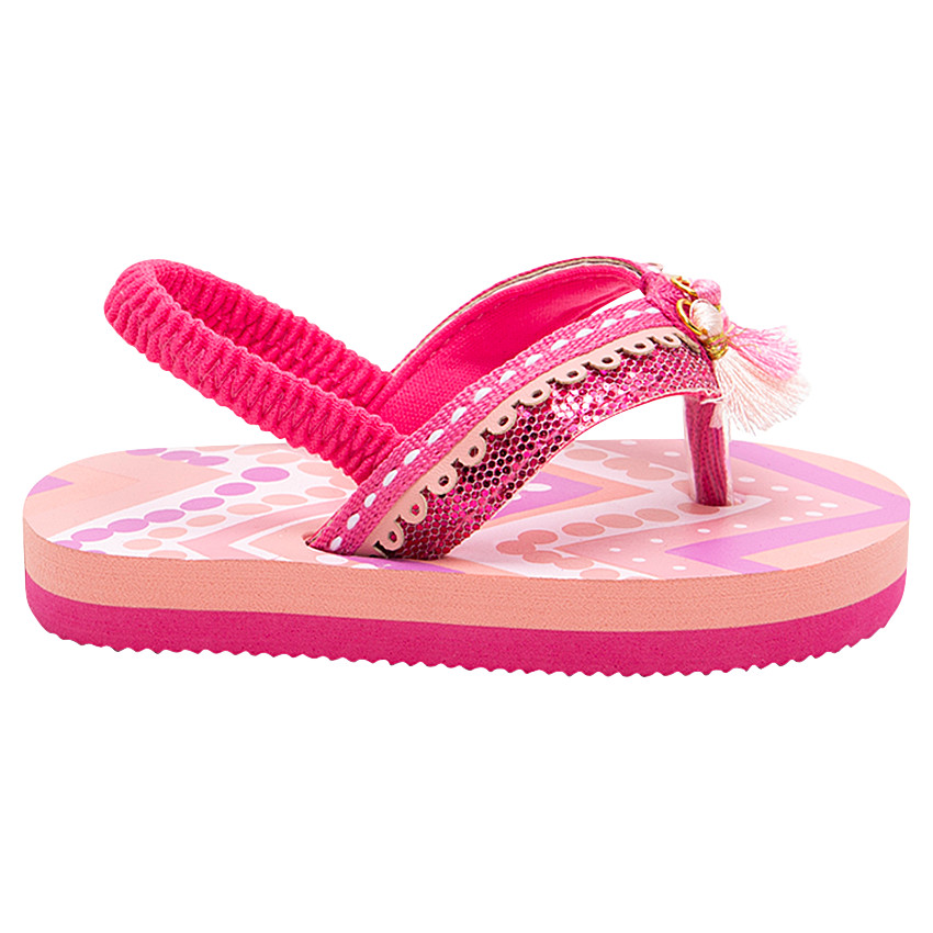 Tongs roses avec lanière élastiquée et pompons 