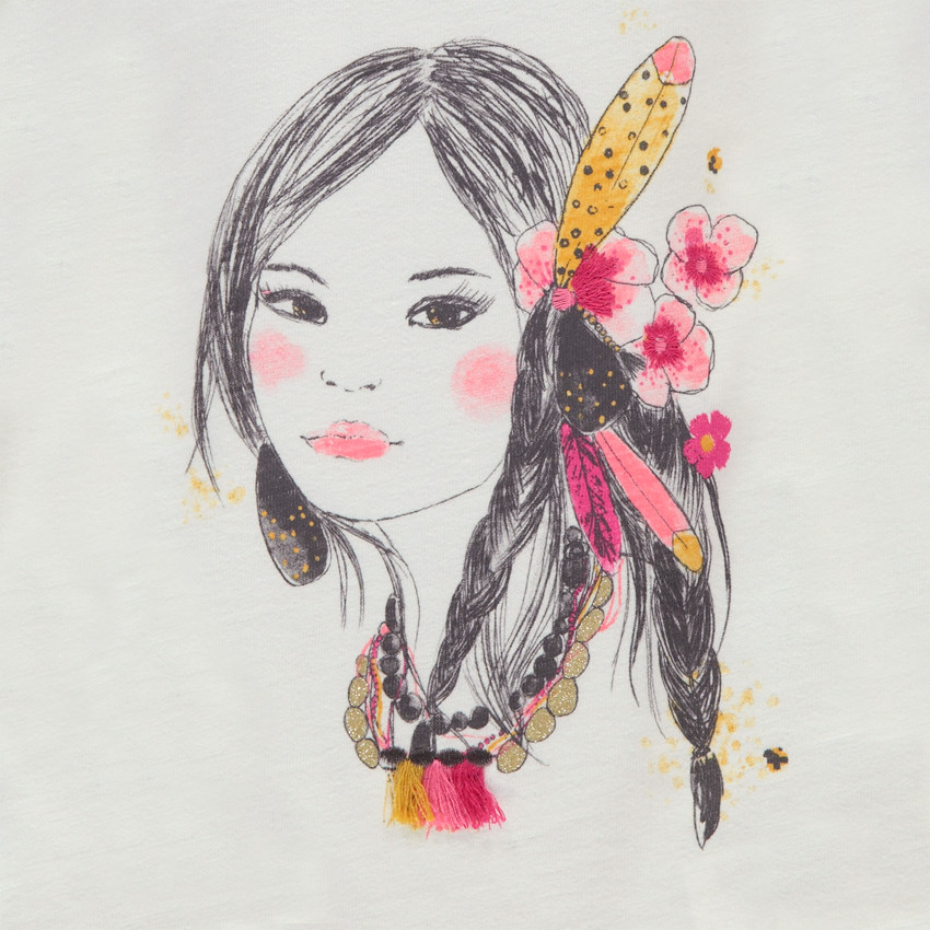 Tee-shirt manches longues en jersey avec princesse printée et pompons en relief 