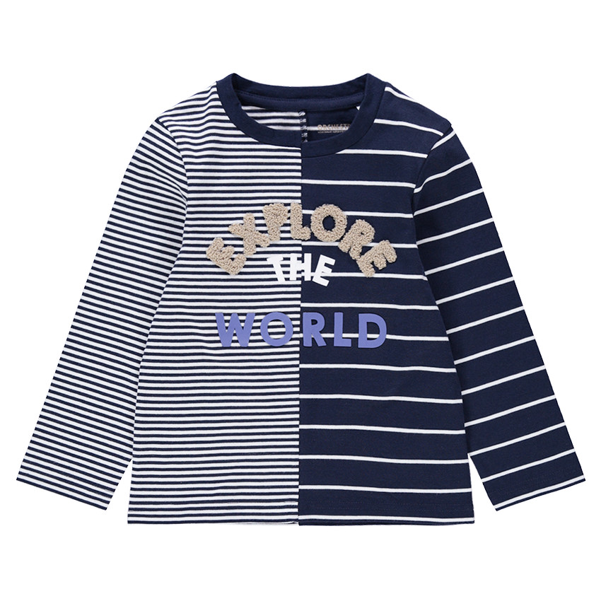 Tee-shirt manches longues à rayures et inscription en bouclette 