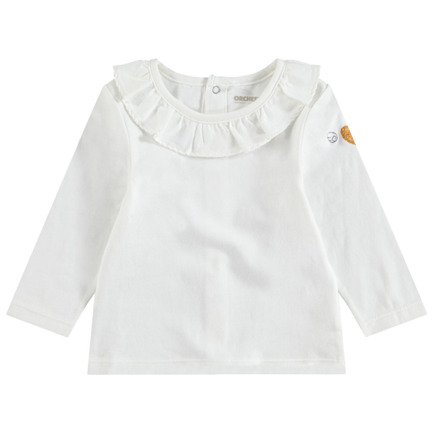 Tee-shirt manches longues en coton avec col volanté et coeur pailleté 