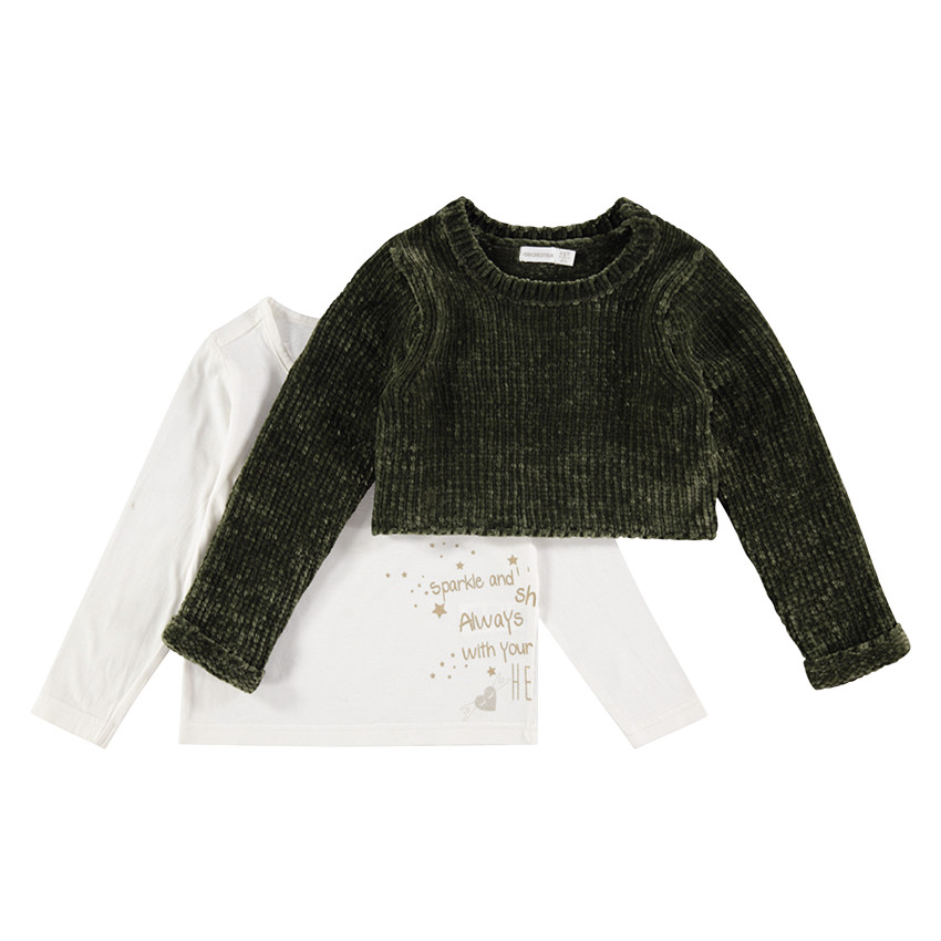 Pull 2 en 1 en maille chenille et jersey avec motif printé 