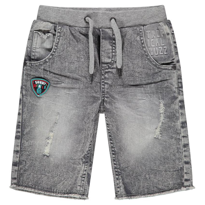 Bermuda en jeans effet used avec badge et usures 