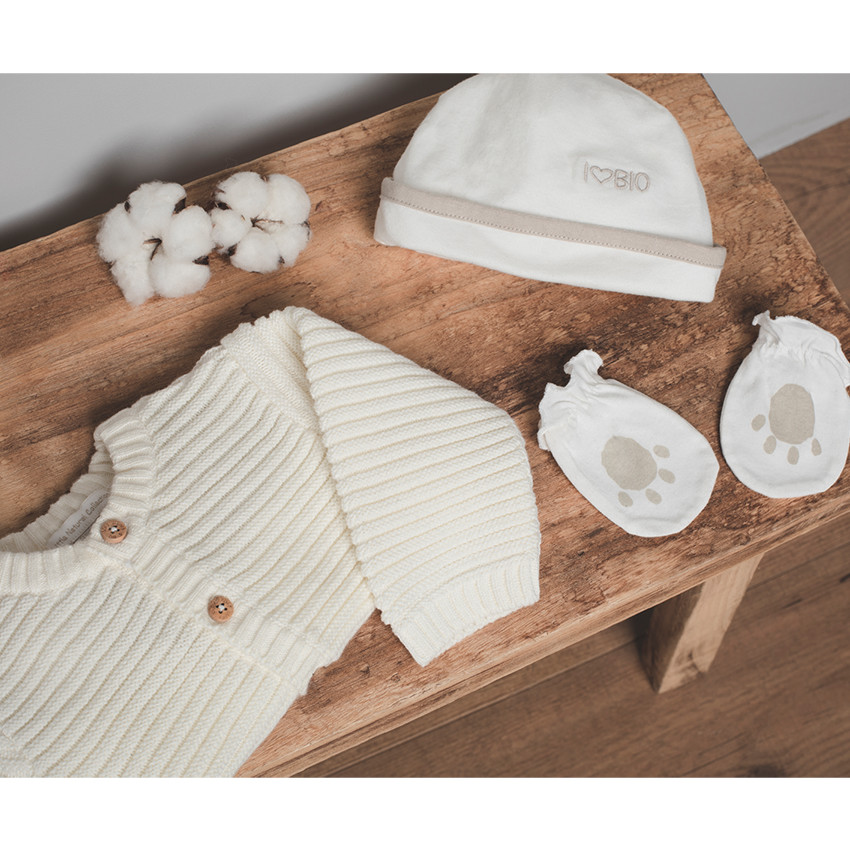 Ensemble naissance bonnet et moufles en coton bio 