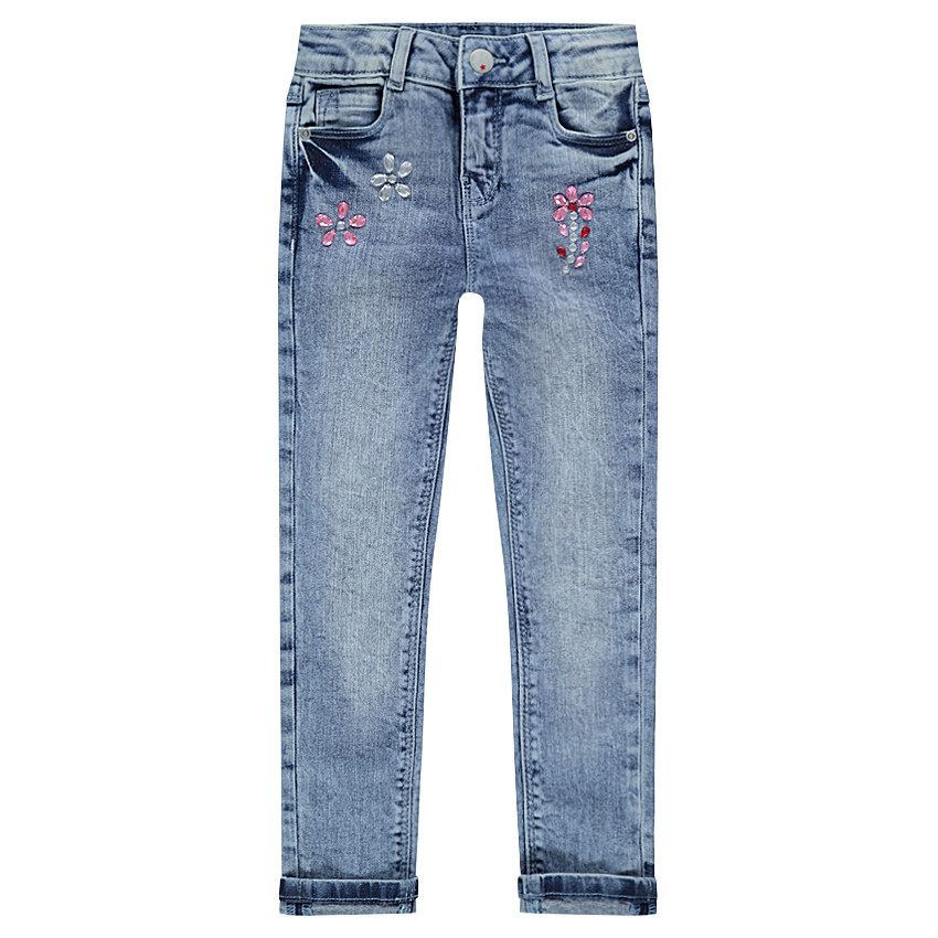 Jeans effet used avec strass fantaisie coupe slim 