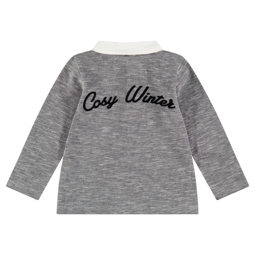 Polo manches longuesgris chiné avec col blanc boutonné 