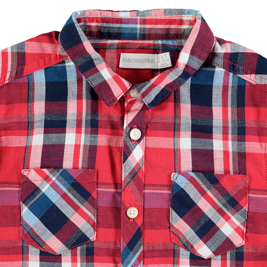 Chemise manches longues rouge à grand carreaux avec poches 