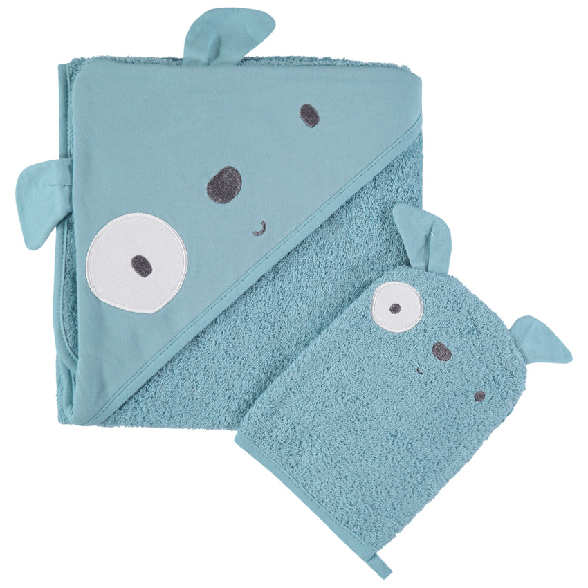 Set de bain avec cape à capuche intégrée et gant motif chien 