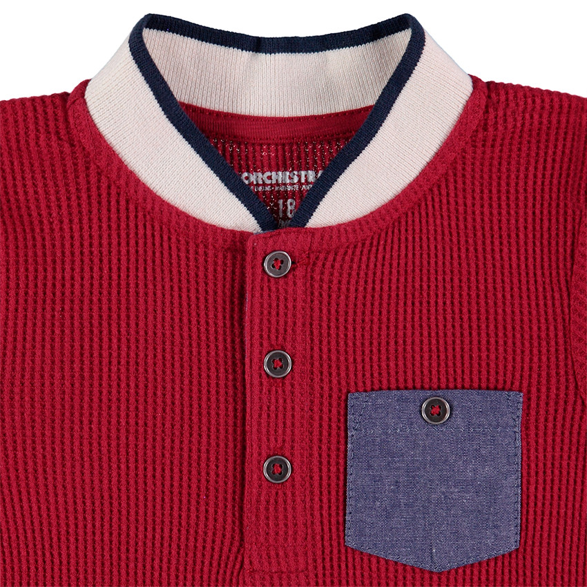 Tee-shirt manches longues en nid d'abeille avec poche en chambray 