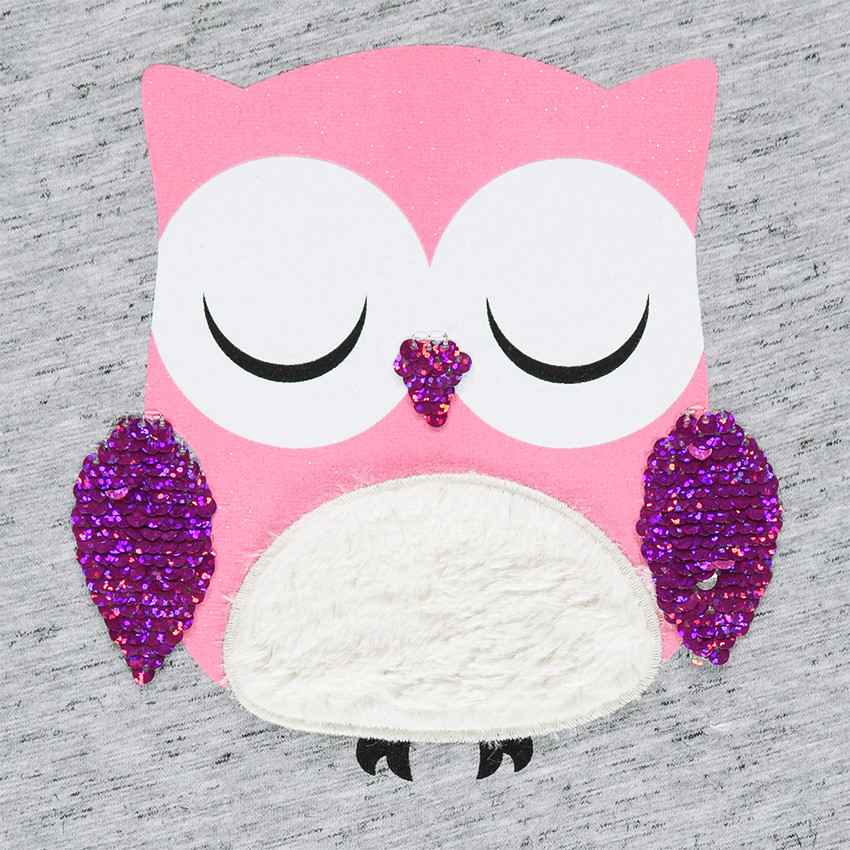 Tee-shirt manches 3/4 avec chouette printée et sequins iridescents 