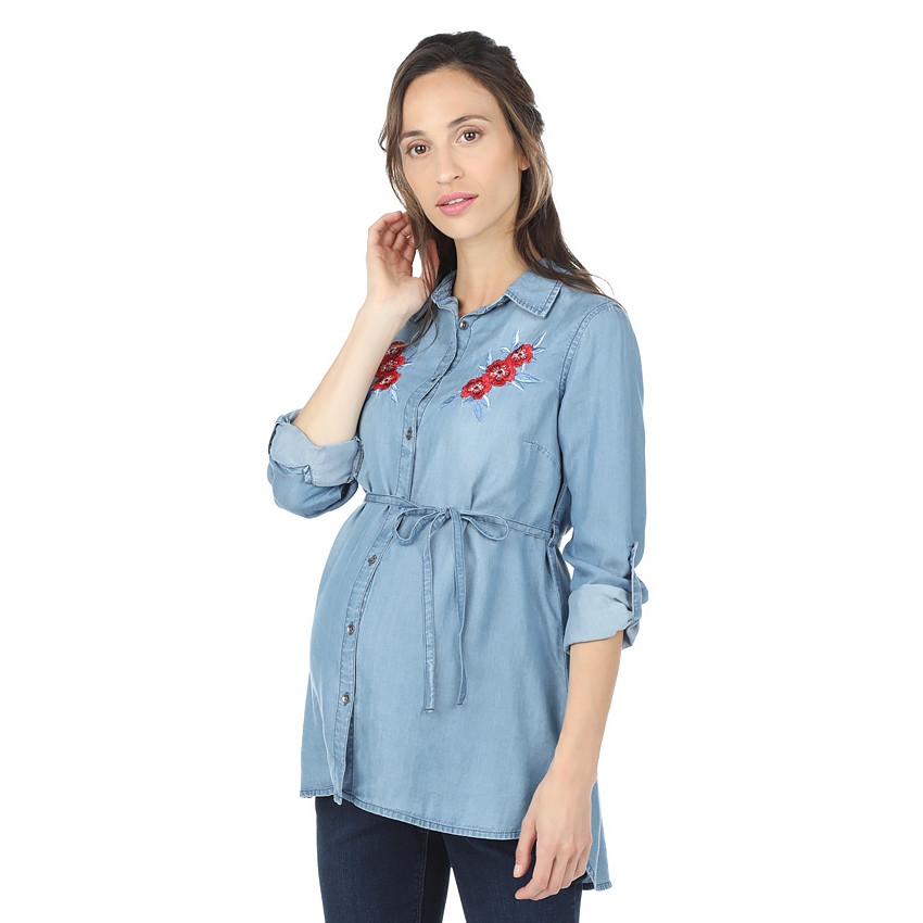 Chemise longue de grossesse en Tencel avec fleurs brodées 