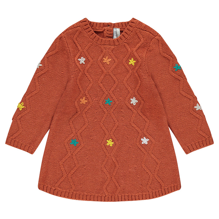 Robe en tricot avec jeu de mailles et fleurs brodées 