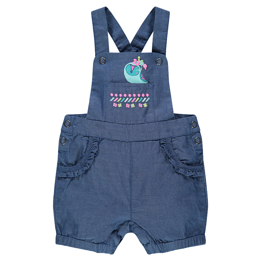 Salopette courte en chambray avec broderies et animal printé 