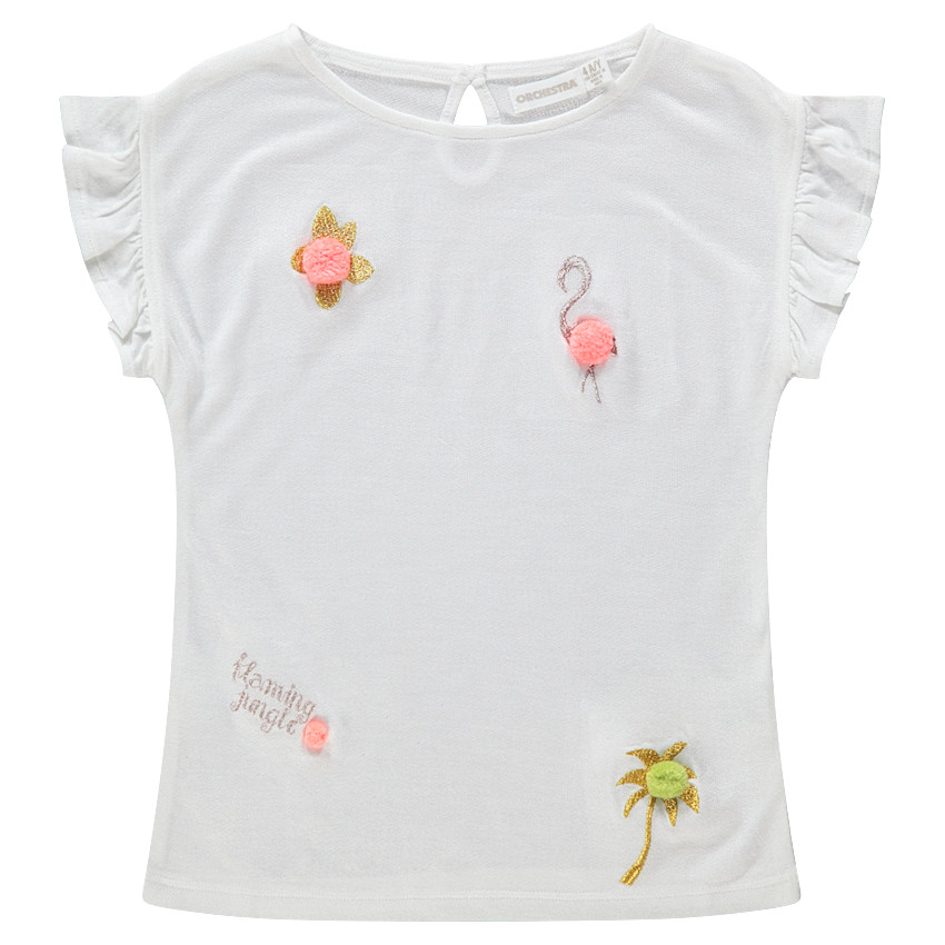 Tee-shirt manches courtes avec broderies brillantes et pompons 