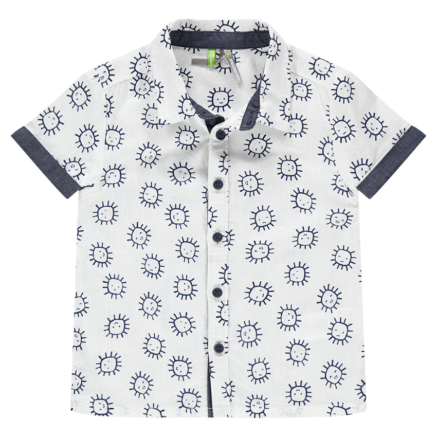 Chemise manches courtes en coton avec soleils printés et touches de chambray 