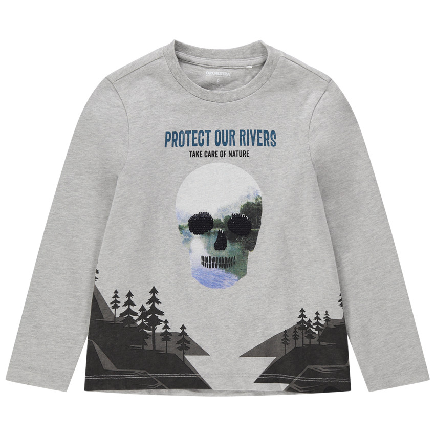 T-shirt manches longues en jersey avec tête de mort à sequins magiques 