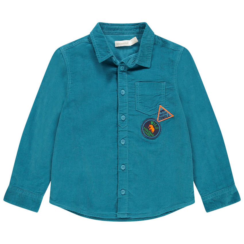 Chemise manches longues en velours bleu avec poche et badges 