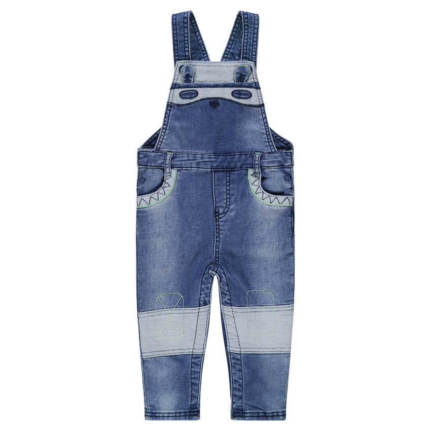 Salopette en denim like effet used avec ourson patché 