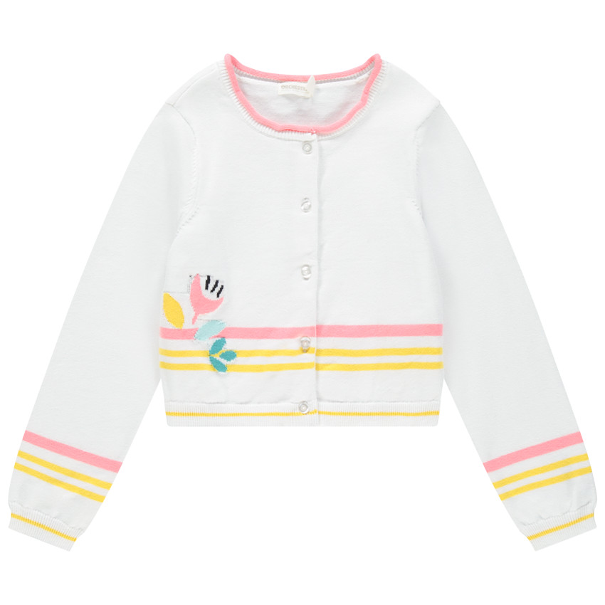 Gilet en tricotà rayures colorées et fleurs brodées 