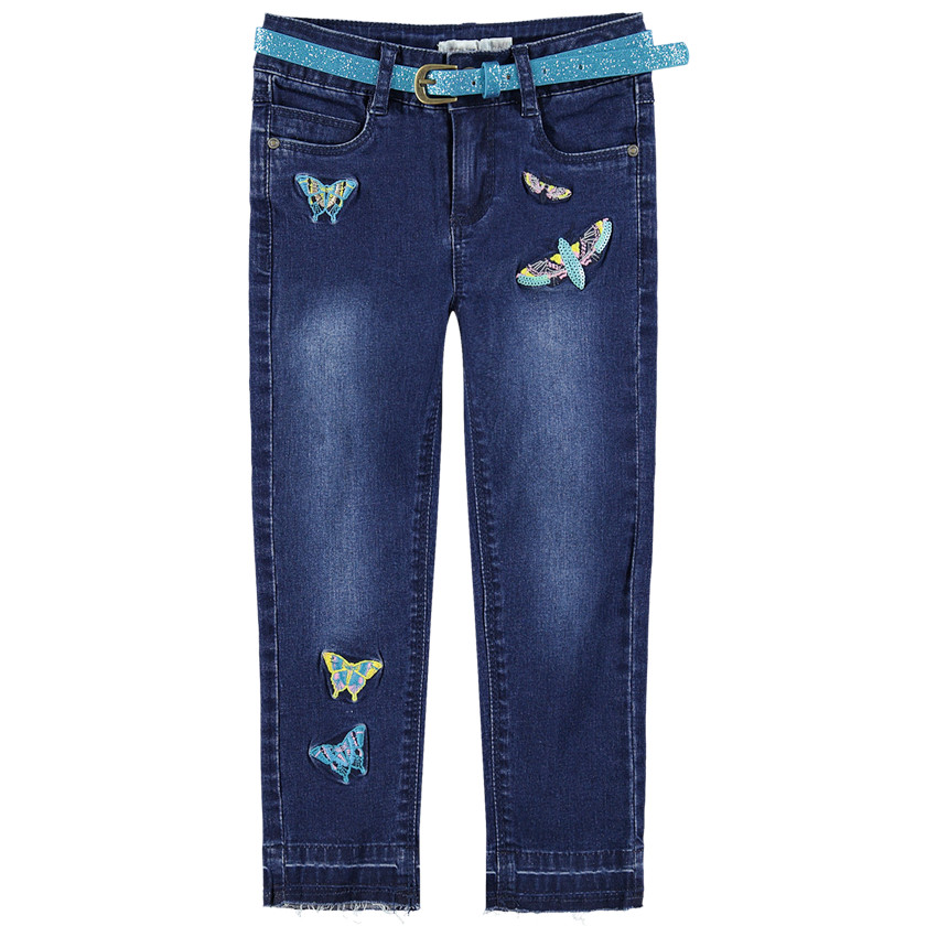Jeans effet used et crinkle à papillons brodés et ceinture pailletée 
