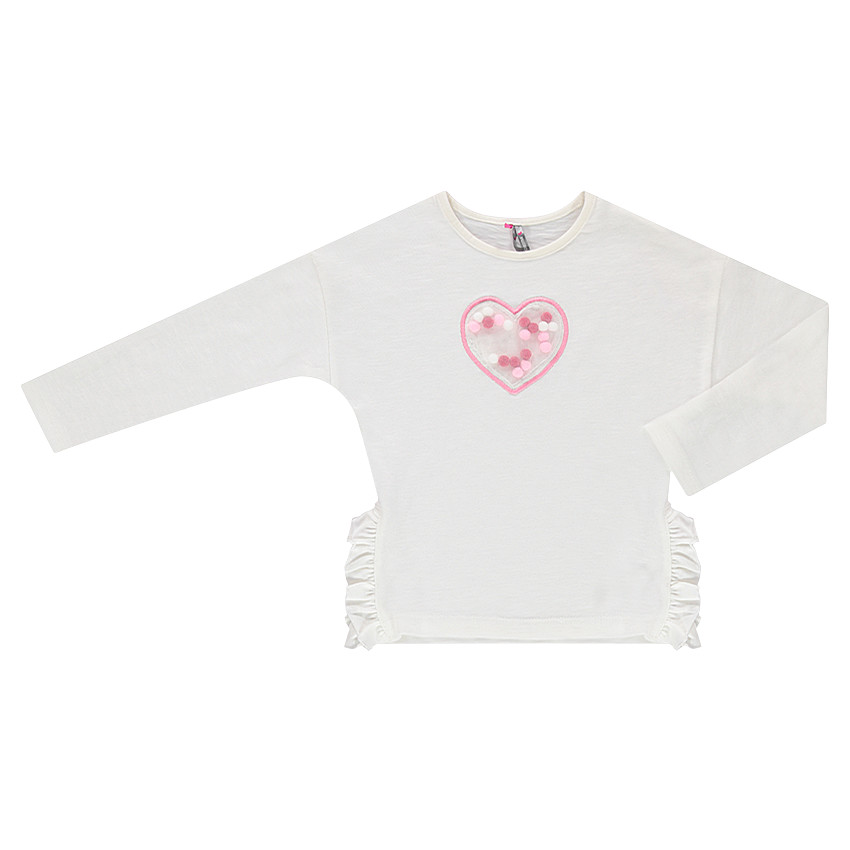 Tee-shirt manches longues volanté avec pompons sous empiècement en résille 