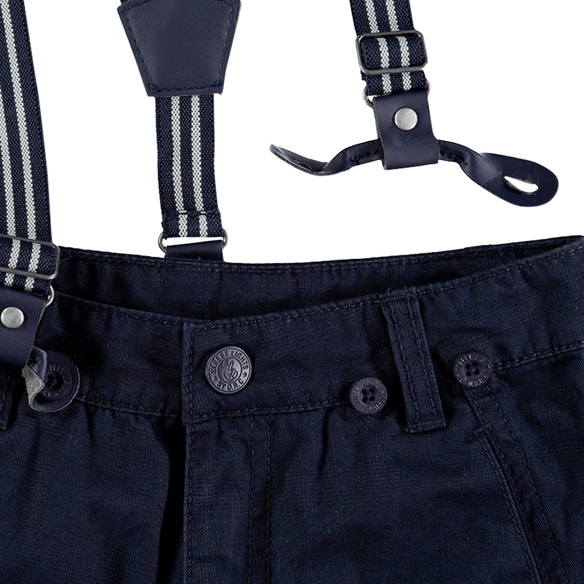 Pantalon en toile bleu marine avec bretelles rayées amovibles 