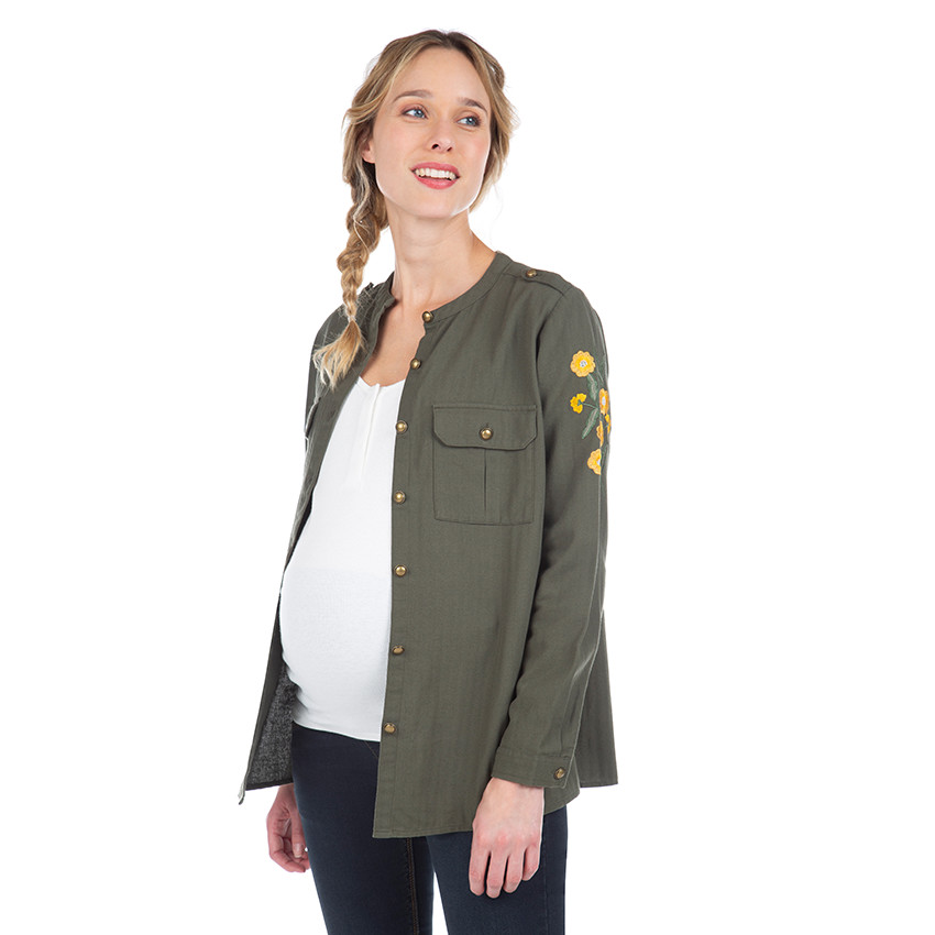 Veste kaki de grossesse avec fleurs brodées 