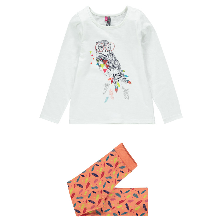 Pyjama long en jersey print chouette et imprimé plumes 