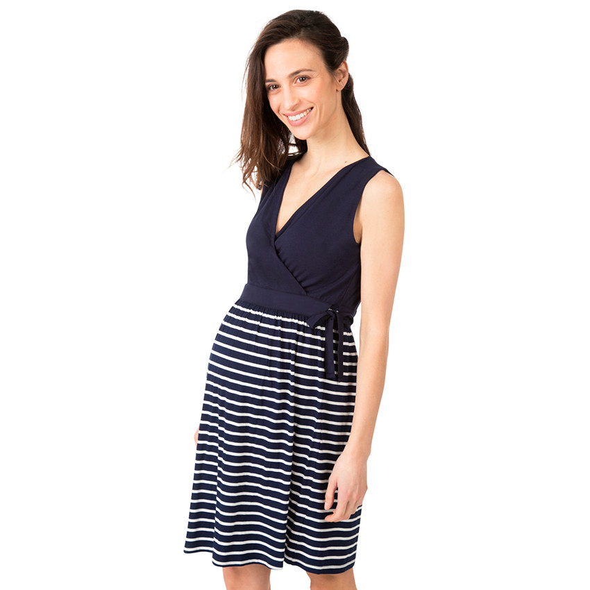 Robe de grossesse volantée avec haut uni et bas rayé 