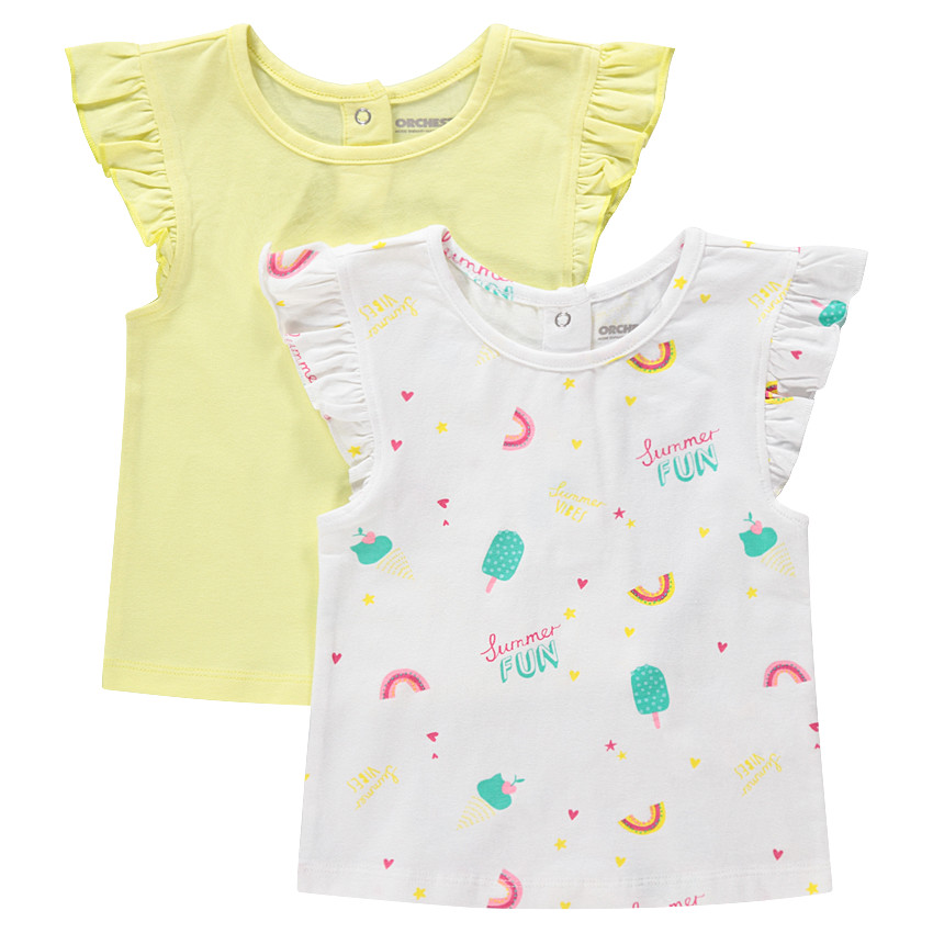 Lot de 2 tee-shirt manches courtes volantées uni/imprimé all-over 