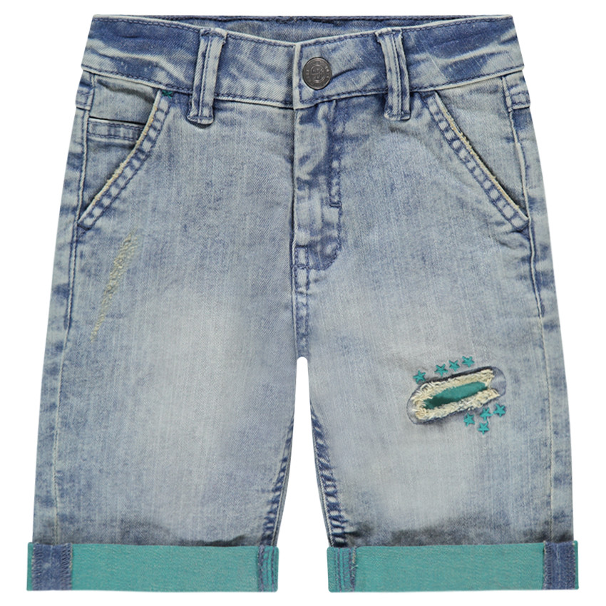 Bermuda en jeans effet used avec revers contrastés 