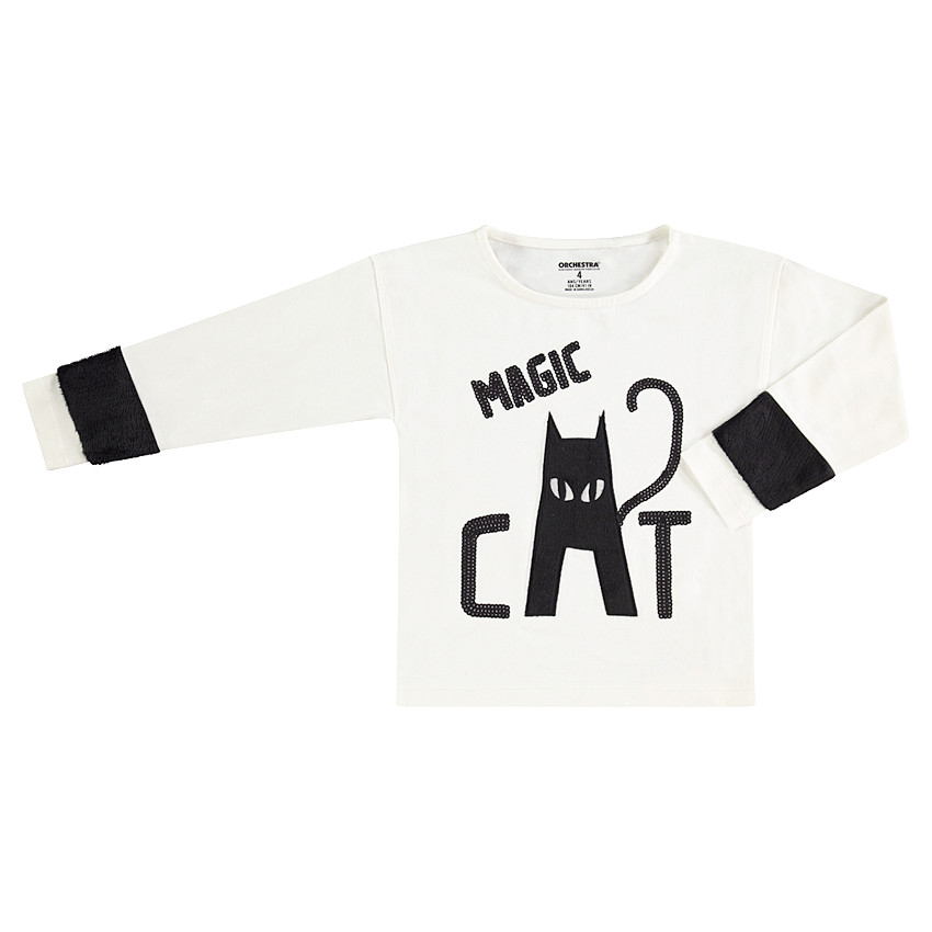 Tee-shirt manches longues avec sequins noirs et chat HALLOWEEN 