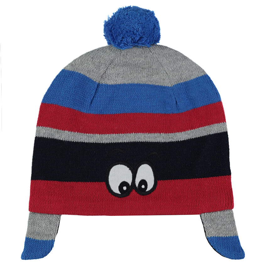 Bonnet en tricot avec rayures contrastées et yeux patchés 