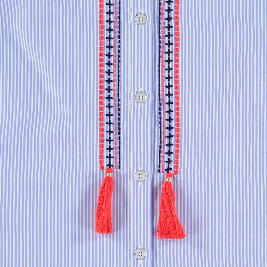 Junior - Chemise manches longues rayée avec épaules ajourées et frises brodées 