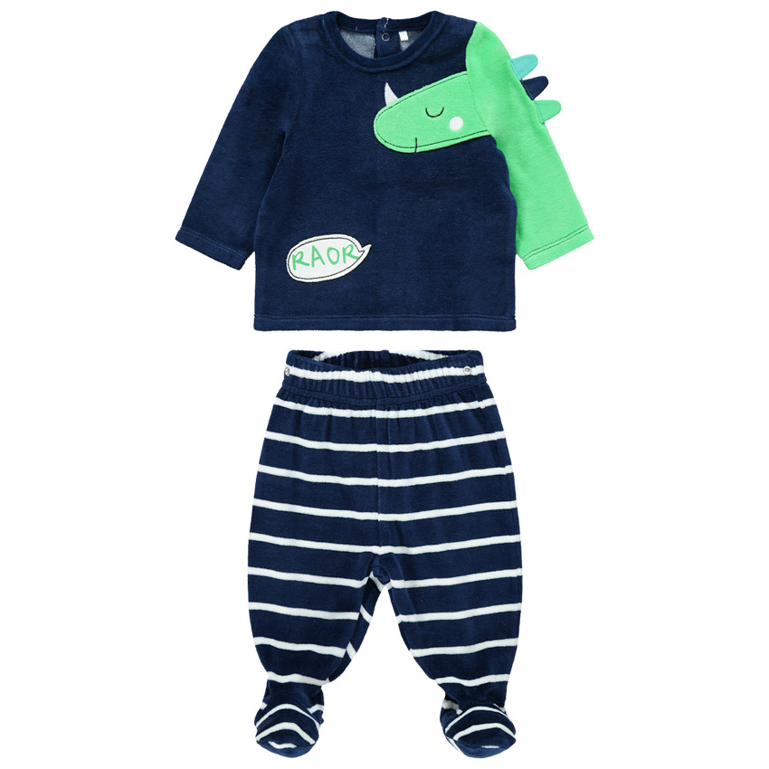 Pyjama en velours avec dinosaure et pantalon rayé 