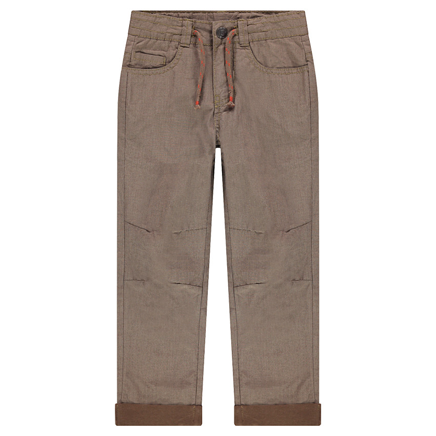 Broek van fantasiejerseystof met aantreklintjes 