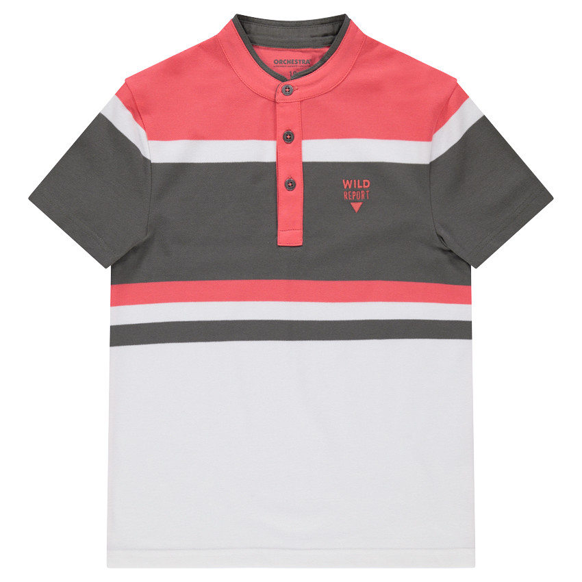 Junior - Polo manches courtes avec col mao et larges bandes contrastées 