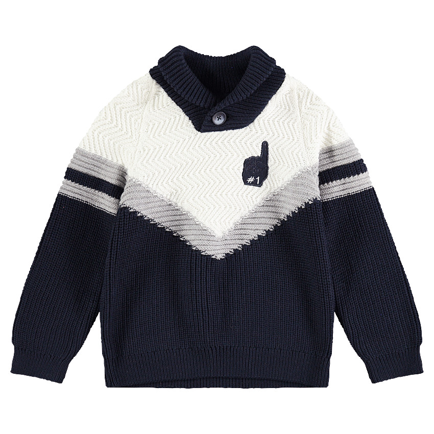 Pull en tricot avec bandes en jacquard et badge ours 