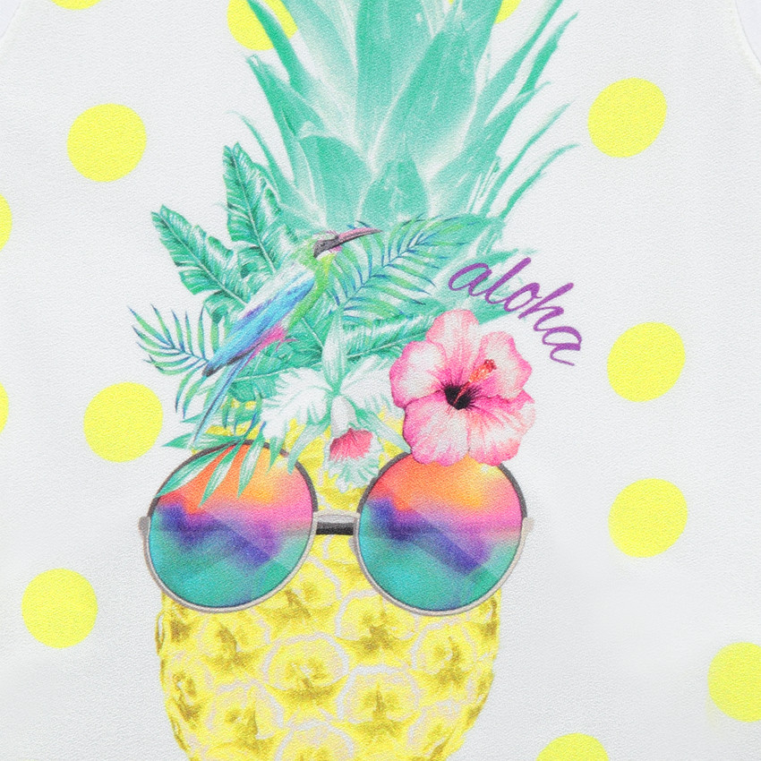 Top court à pois avec ananas printé et pans croisés au dos 