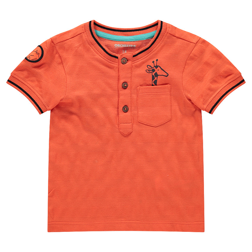 Polo manches courtes en coton orange avec poche et girafe printée 
