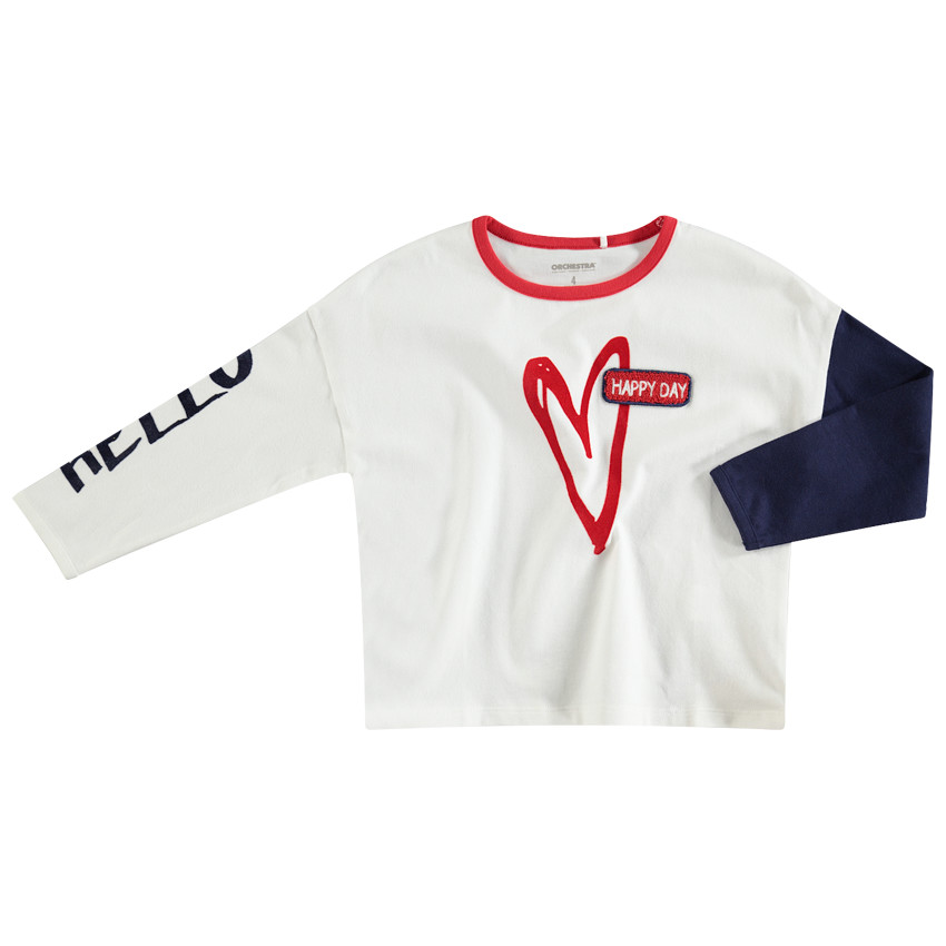 Tee-shirt manches longues en jersey avec coeur printé et badge en bouclette 