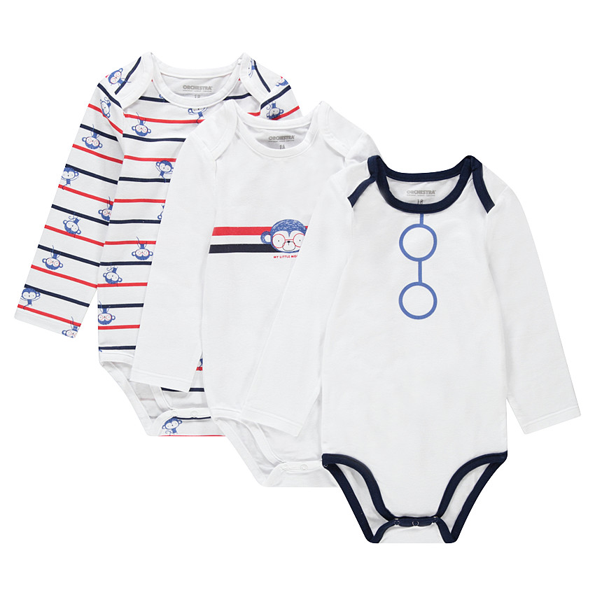 Lot de 3 bodies manches longues en coton avec singes printés 