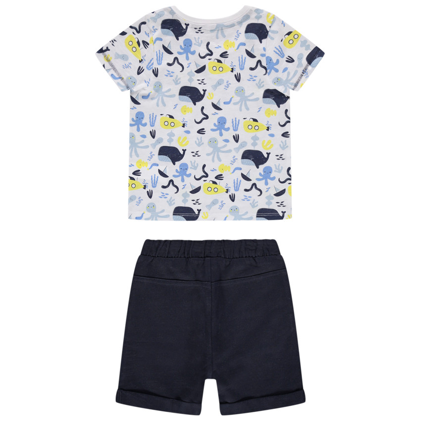 Ensemble en coton bio avec t-shirt imprimé all-over et bermuda uni 