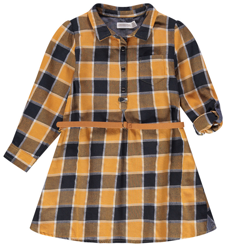 Robe manches longues à carreaux contrastés et ceinture amovible 