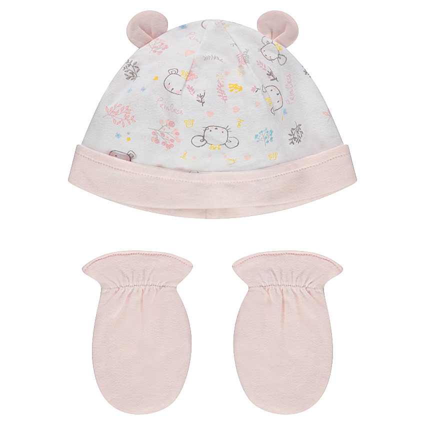 Set de naissance avec bonnet imprimé et moufles unies 